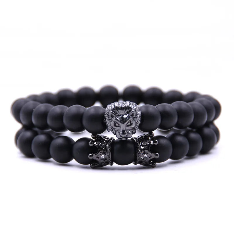 Lion Head with Crown Natural Stone Bead Bracelet