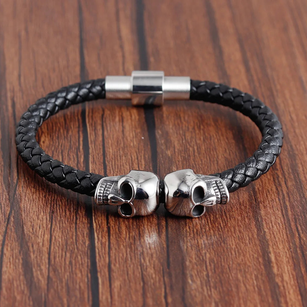 Hyperbole Black Braided Leather Skull Bracelet