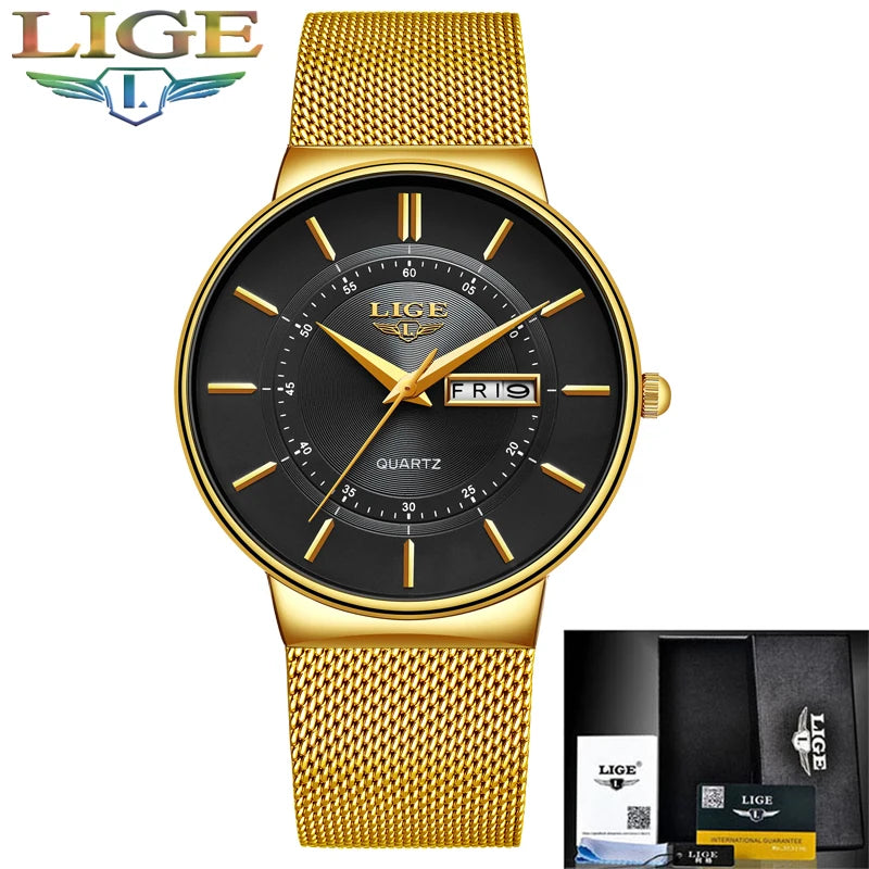 LIGE Ultra Thin Quartz Men's Watch with Steel Mesh Strap