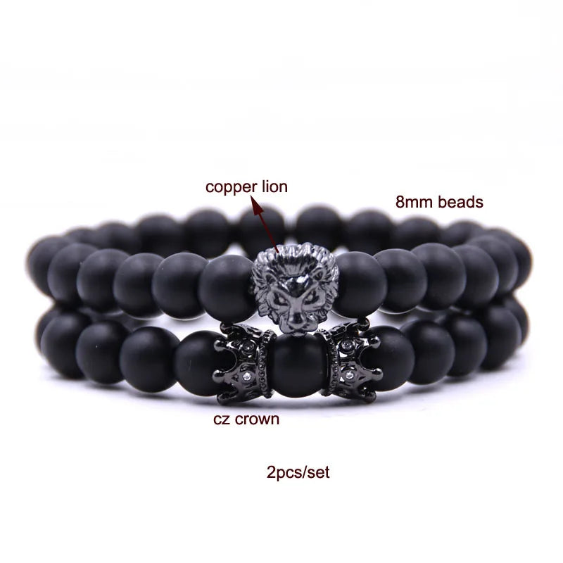 Lion Head with Crown Natural Stone Bead Bracelet