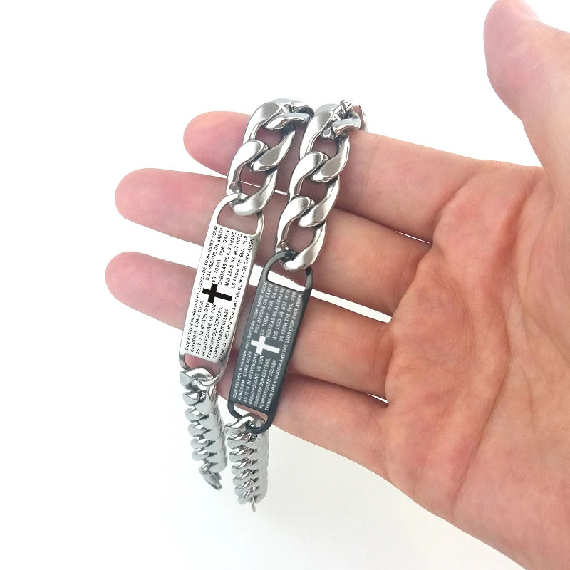 Men's Cross Bible Text Christian Bracelet Engraving Punk Stainless Steel