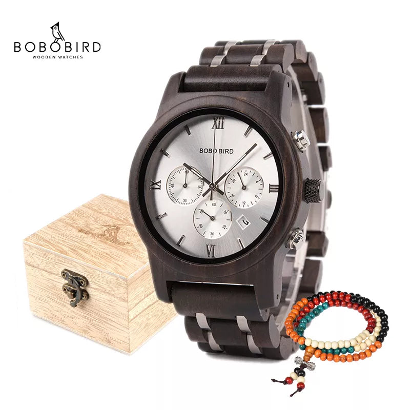 BOBO BIRD Wooden Men Watch Wooden Stainless Steel Date Quartz Chronograph Watch