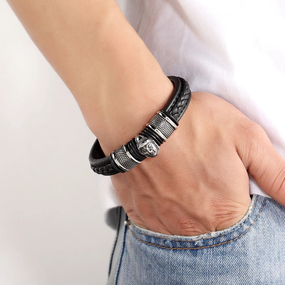 Leather Buddha Head Bracelet for Men