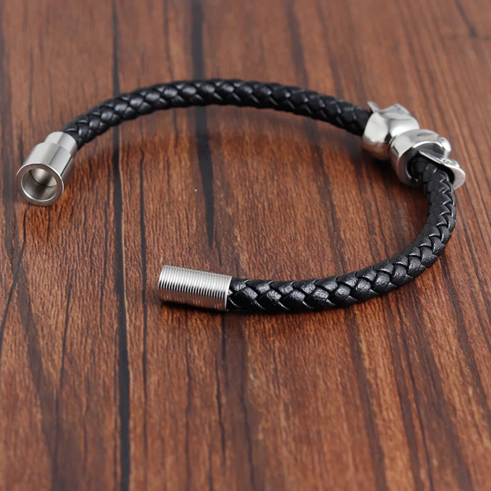 Hyperbole Black Braided Leather Skull Bracelet