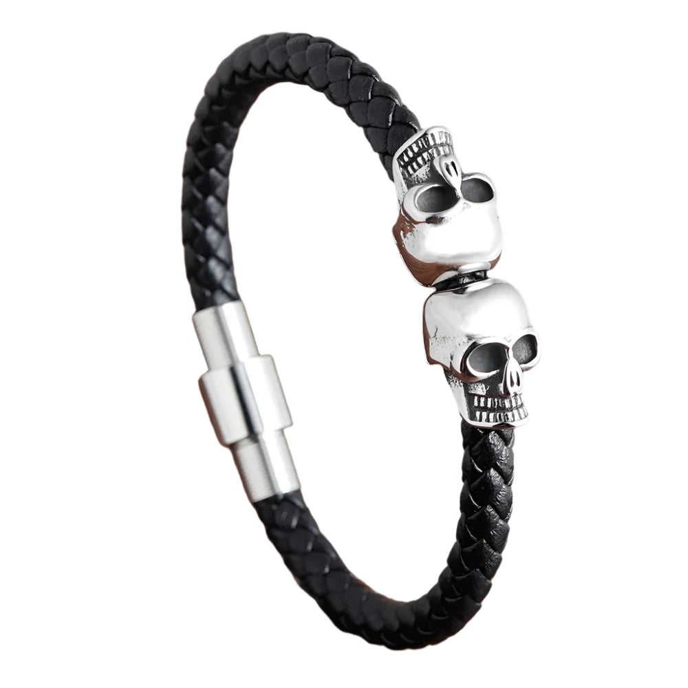 Hyperbole Black Braided Leather Skull Bracelet