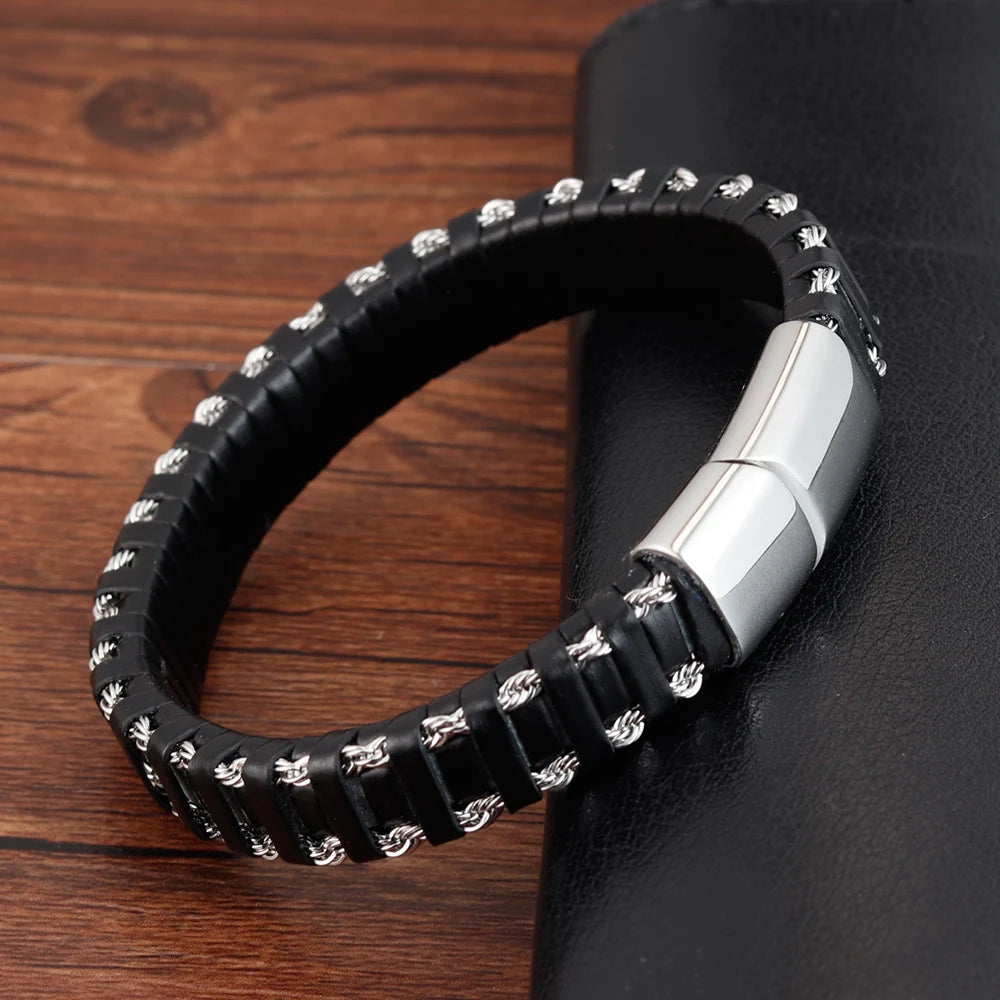 Punk Multi-Layer Stainless Steel Chain Leather Bracelet