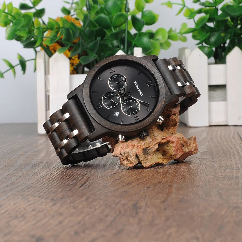 BOBO BIRD Wooden Men Watch Wooden Stainless Steel Date Quartz Chronograph Watch