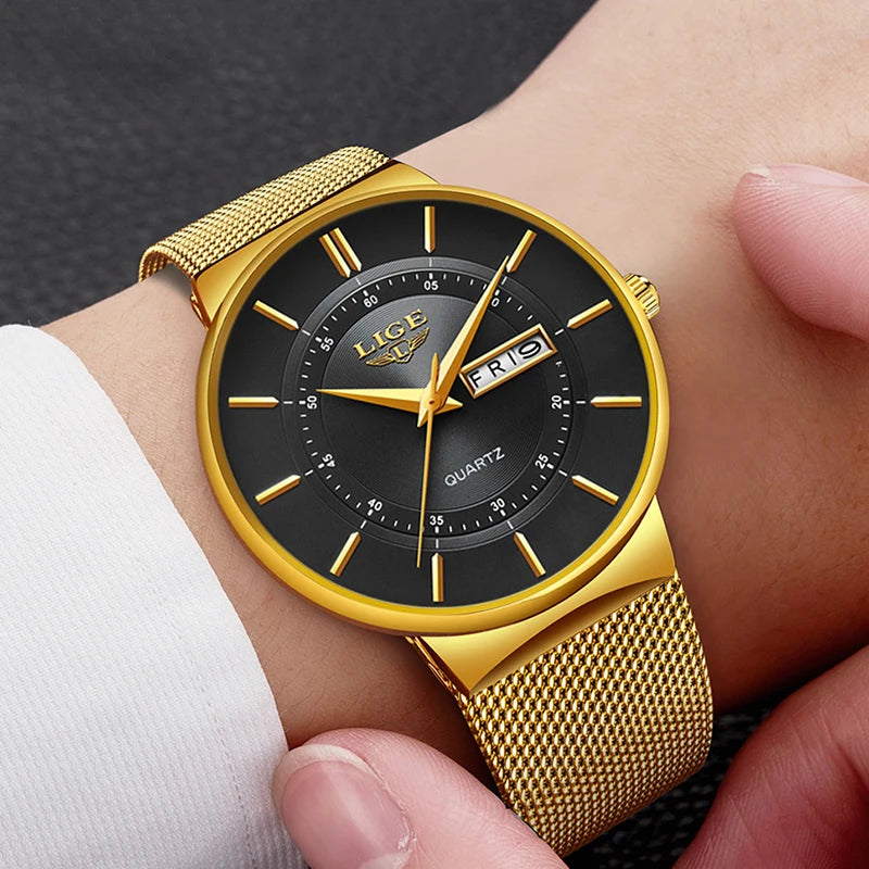 LIGE Ultra Thin Quartz Men's Watch with Steel Mesh Strap