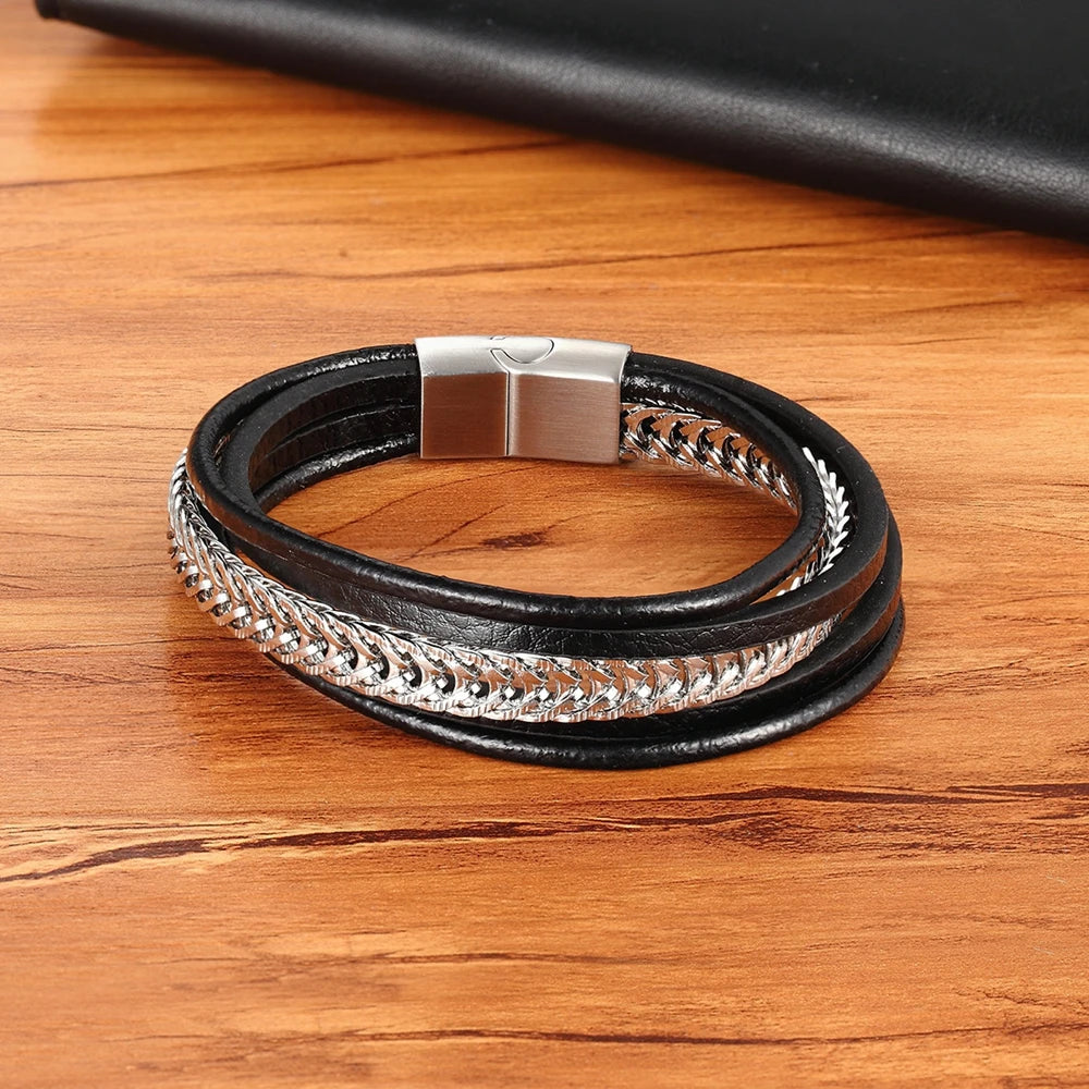 Multi-Layer Stainless Steel & Leather Men's Bracelet