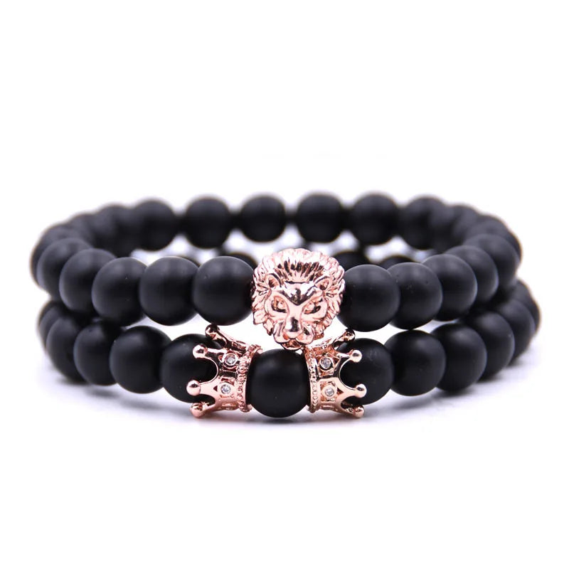 Lion Head with Crown Natural Stone Bead Bracelet