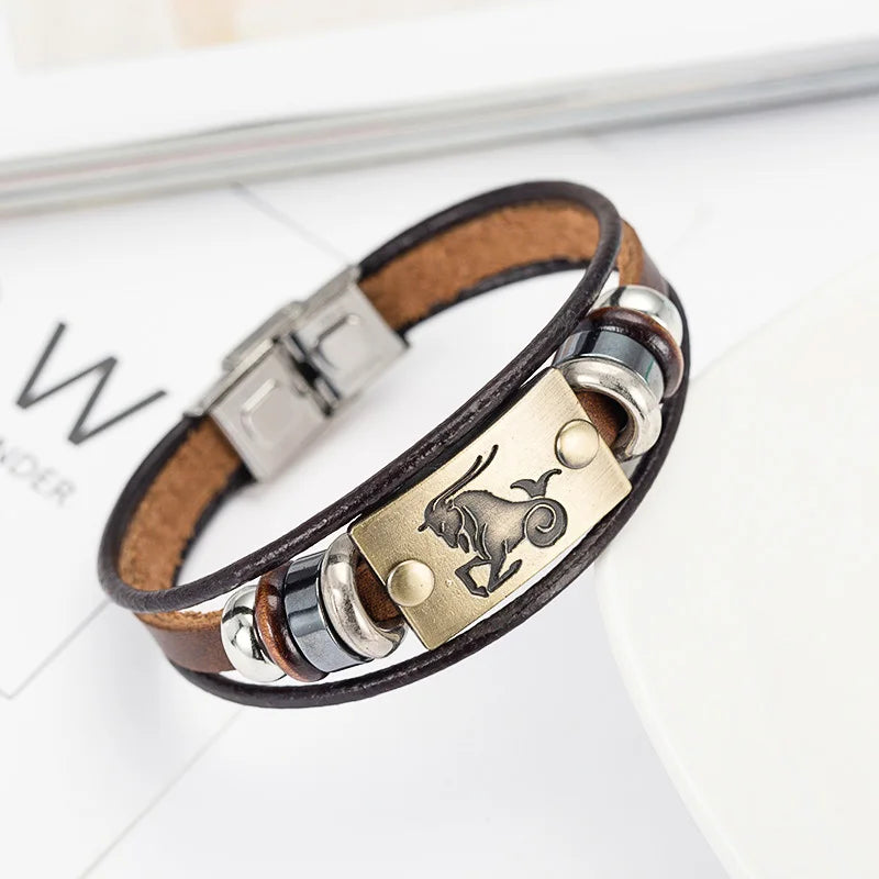 12 Zodiac Signs Bracelet for Men  Stainless Steel Clasps Genuine Leather