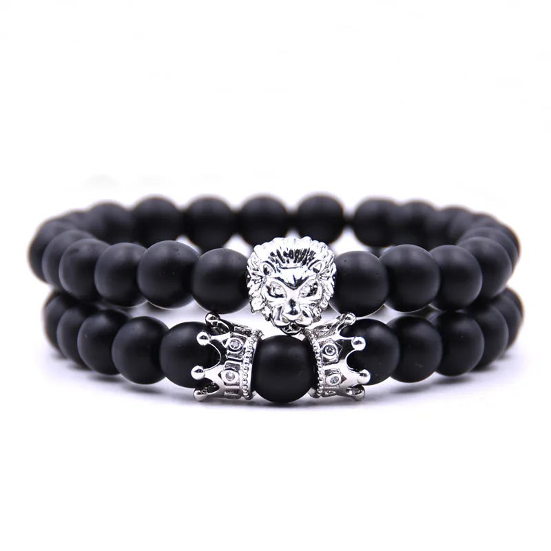 Lion Head with Crown Natural Stone Bead Bracelet