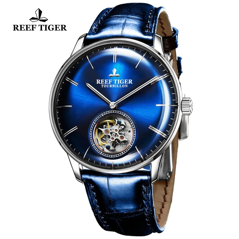 Reef Tiger/RT Luxury Brand Automatic Mechanical Watch Blue Tourbillon Watch Men Leather Strap relogio masculine