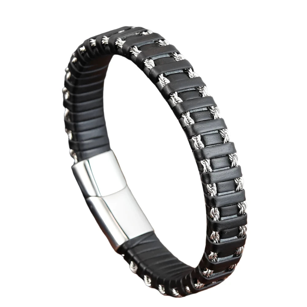 Punk Multi-Layer Stainless Steel Chain Leather Bracelet