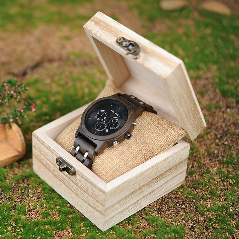 BOBO BIRD Wooden Men Watch Wooden Stainless Steel Date Quartz Chronograph Watch