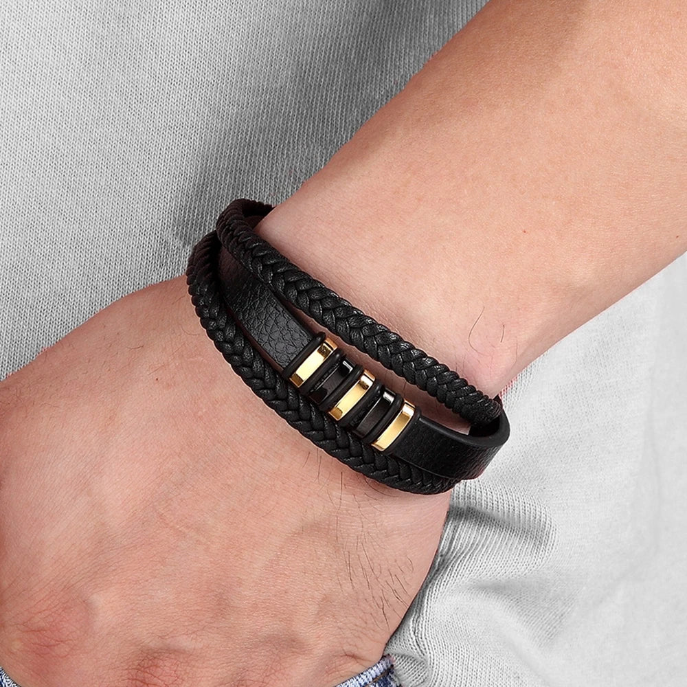 Stainless Steel Magnetic Black Leather Men's Bracelet