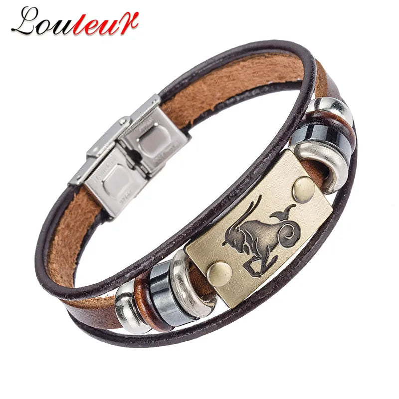 12 Zodiac Signs Bracelet for Men  Stainless Steel Clasps Genuine Leather