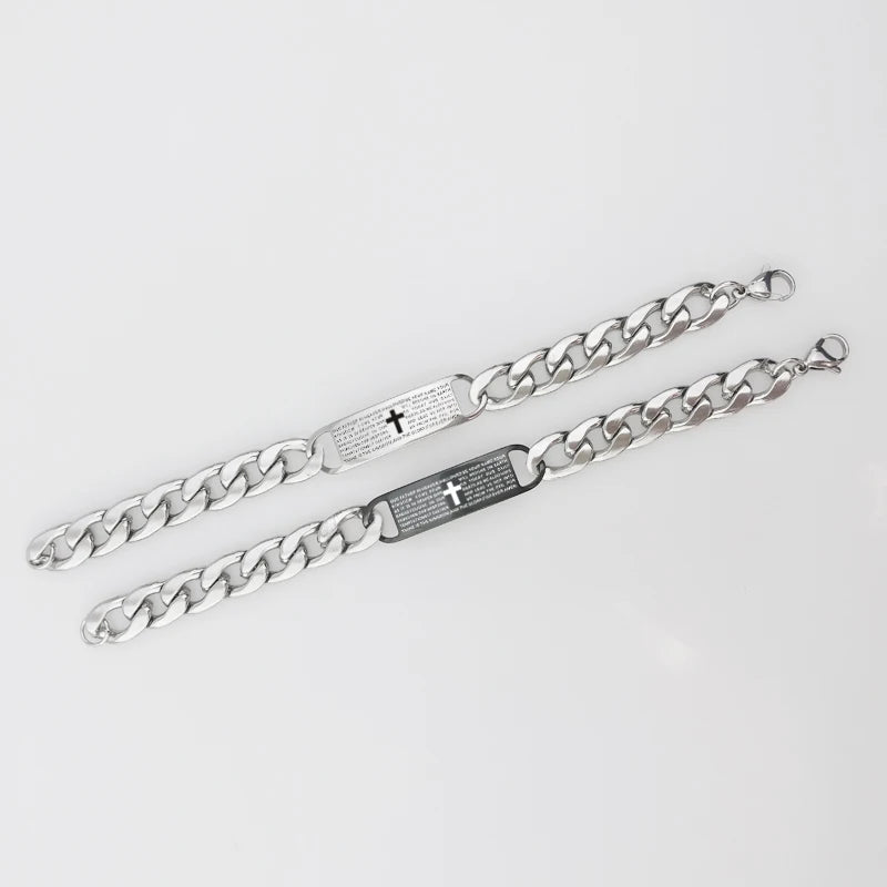 Men's Cross Bible Text Christian Bracelet Engraving Punk Stainless Steel