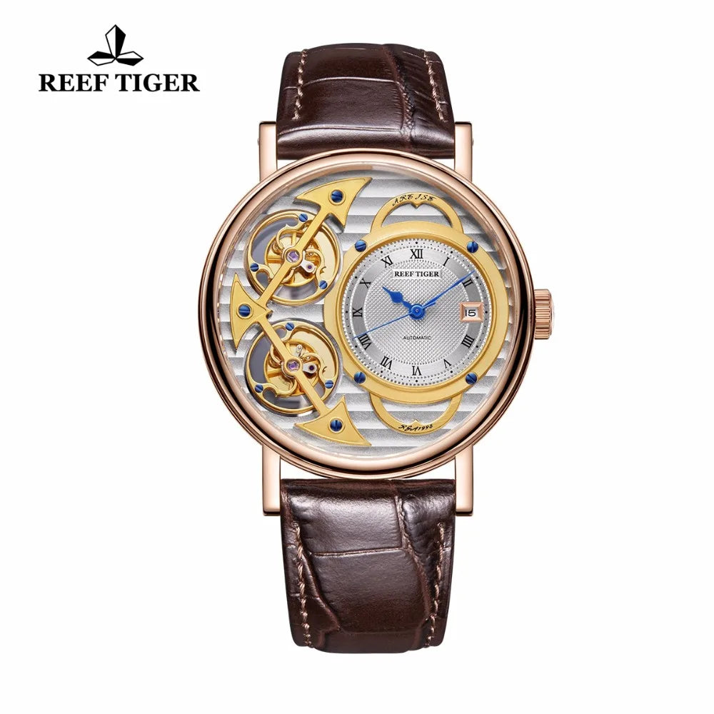 Reef Tiger/RT Top Luxury Fashion Watches Men Rose Gold Leather Strap Skeleton Automatic Watches RGA1995 Non-moving Tourbillon