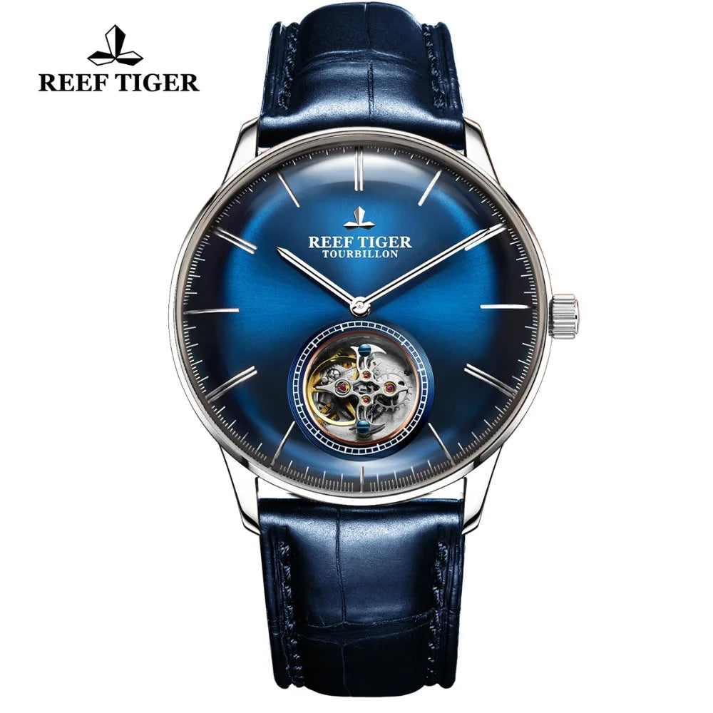 Reef Tiger/RT Luxury Brand Automatic Mechanical Watch Blue Tourbillon Watch Men Leather Strap relogio masculine