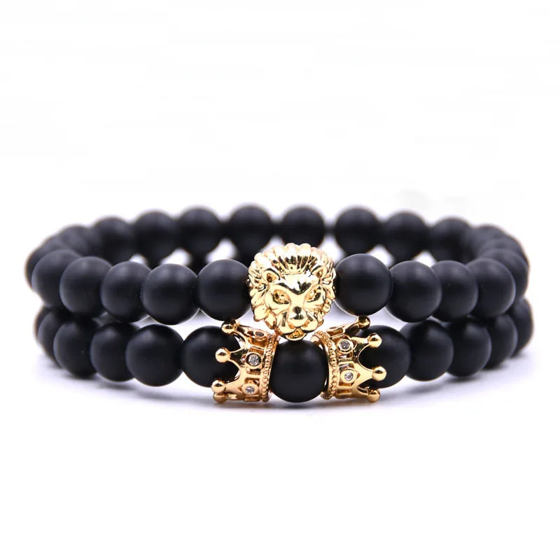 Lion Head with Crown Natural Stone Bead Bracelet