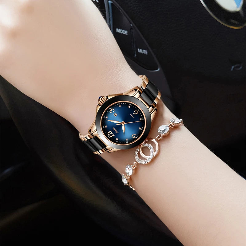 Ladies Top Brand Luxury Ceramic Rhinestone Sport Quartz Watch  Waterproof Bracelet Watch