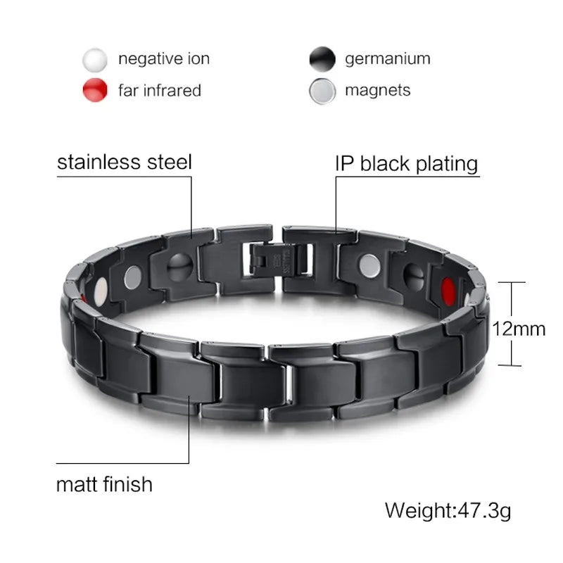 Adjustable Black Stainless Steel Health Bracelet