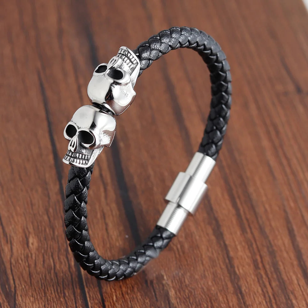 Hyperbole Black Braided Leather Skull Bracelet