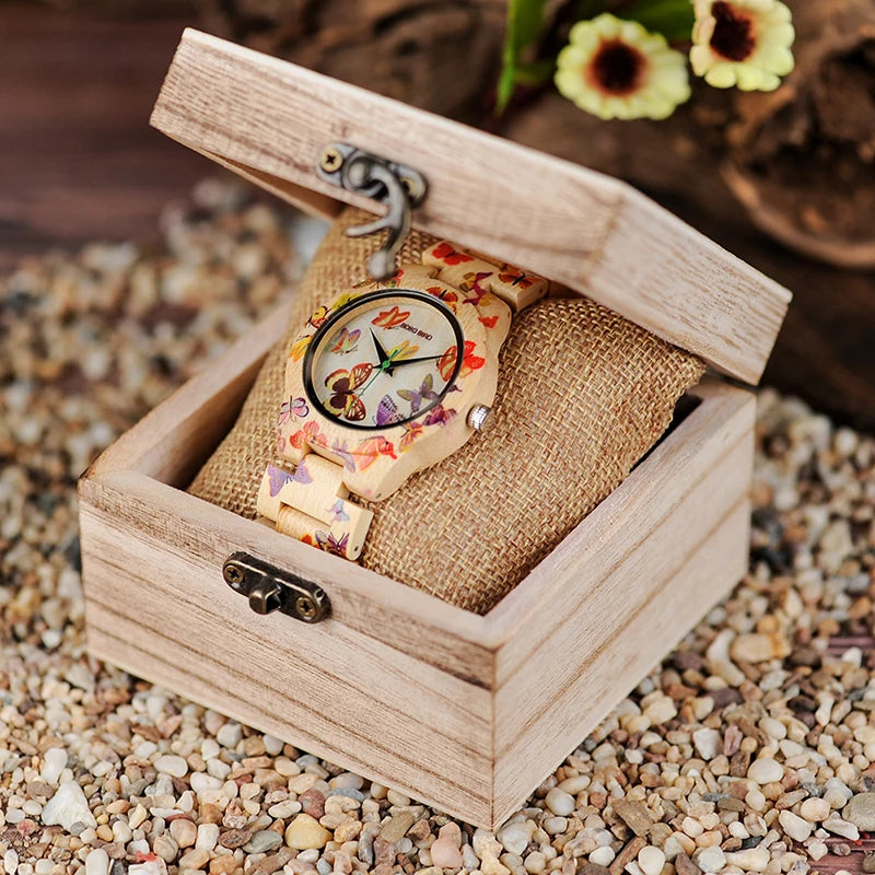 BOBO BIRD Ladies Wood Watch Women montre femme Bamboo Band Painting Butterfly Quartz Watches in Wooden Gift Box OEM W-O20