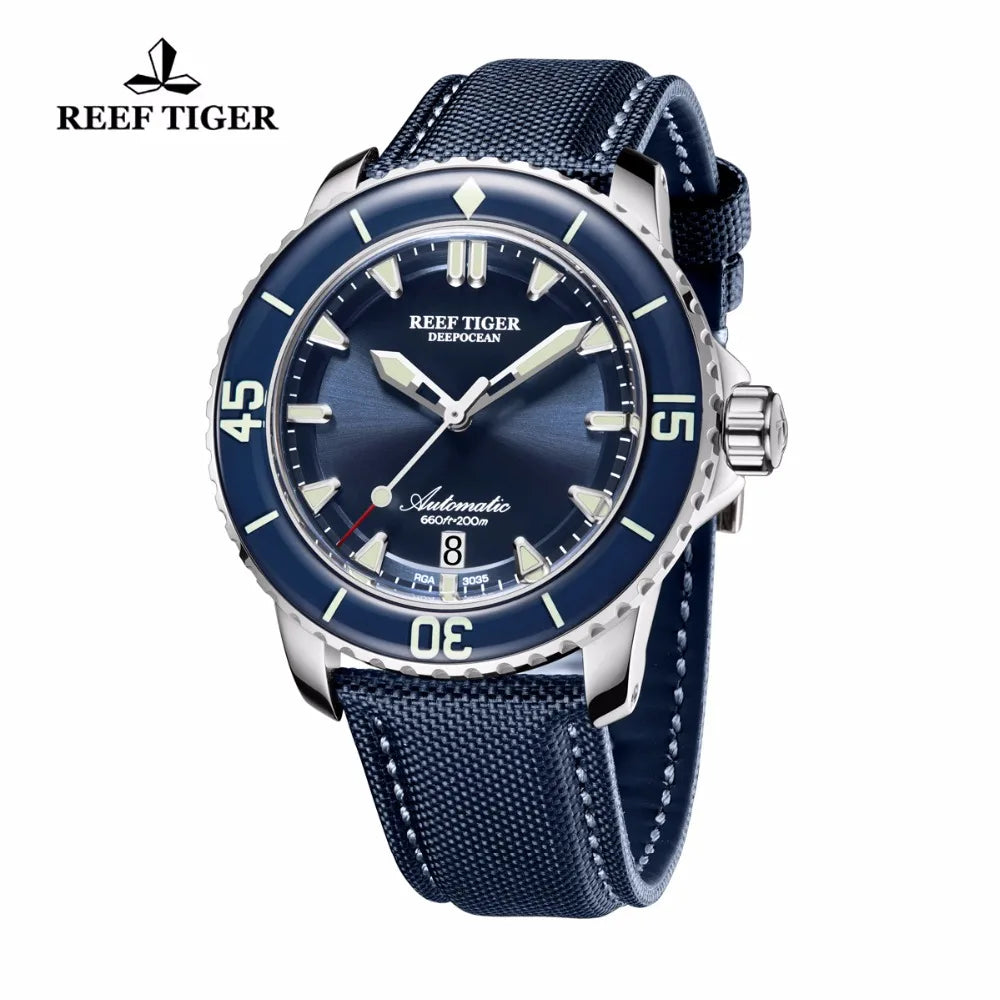 Reef Tiger/RT Super Luminous Dive Watches Mens Analog Automatic Blue Dial Clock with Date