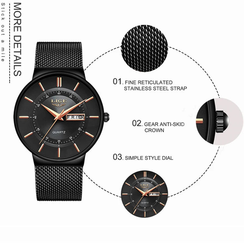 LIGE Ultra-Thin Steel Strap Quartz Watch