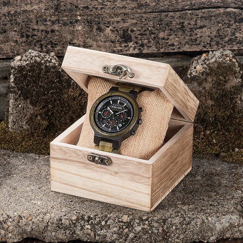 BOBO BIRD Green Sandalwood Wooden Watch Men Timepieces Chronograph Quartz Watches Ultra-Light