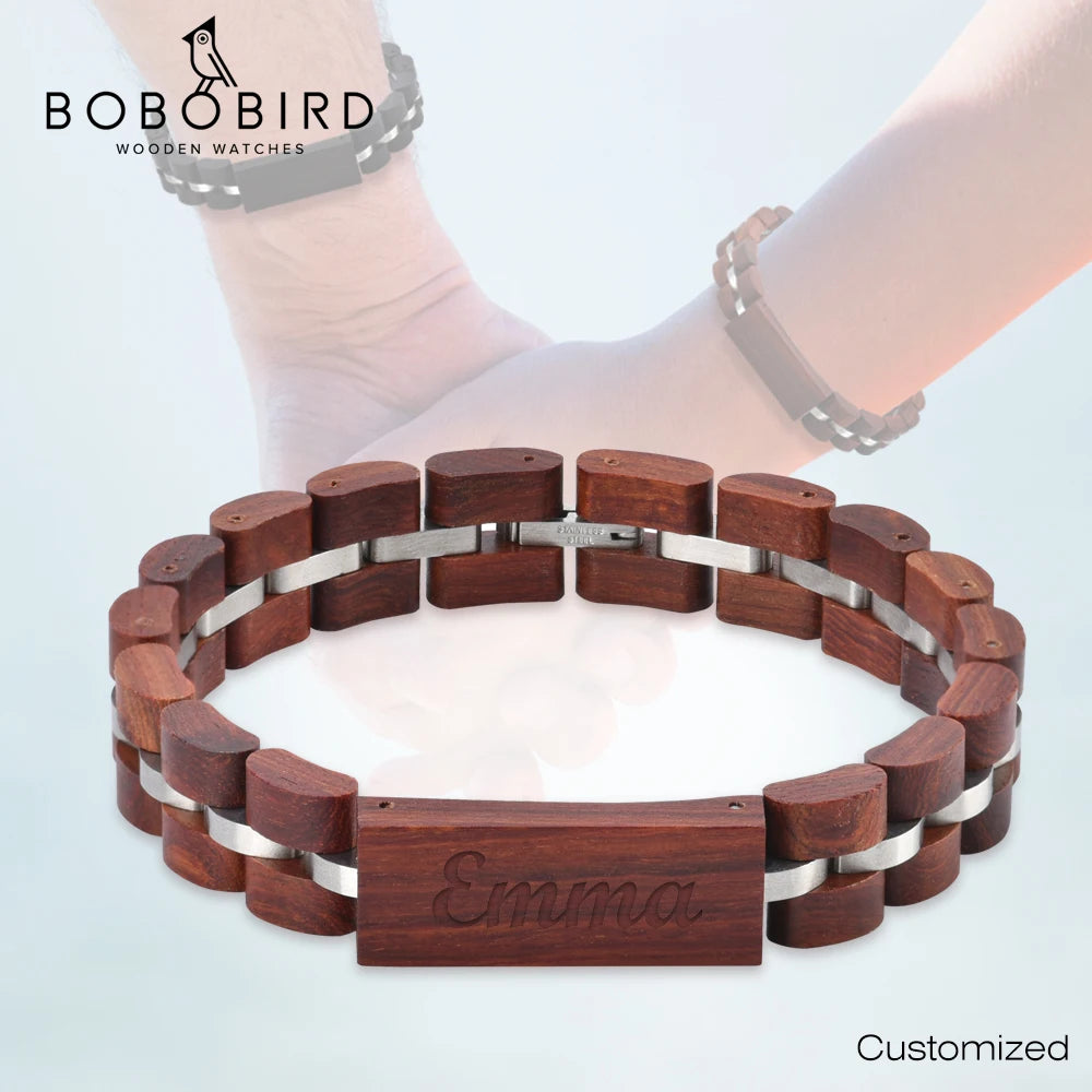 BOBO BIRD Wood Bracelet For Women Free Engraved name Men Bracelet Stainless Steel Bangle