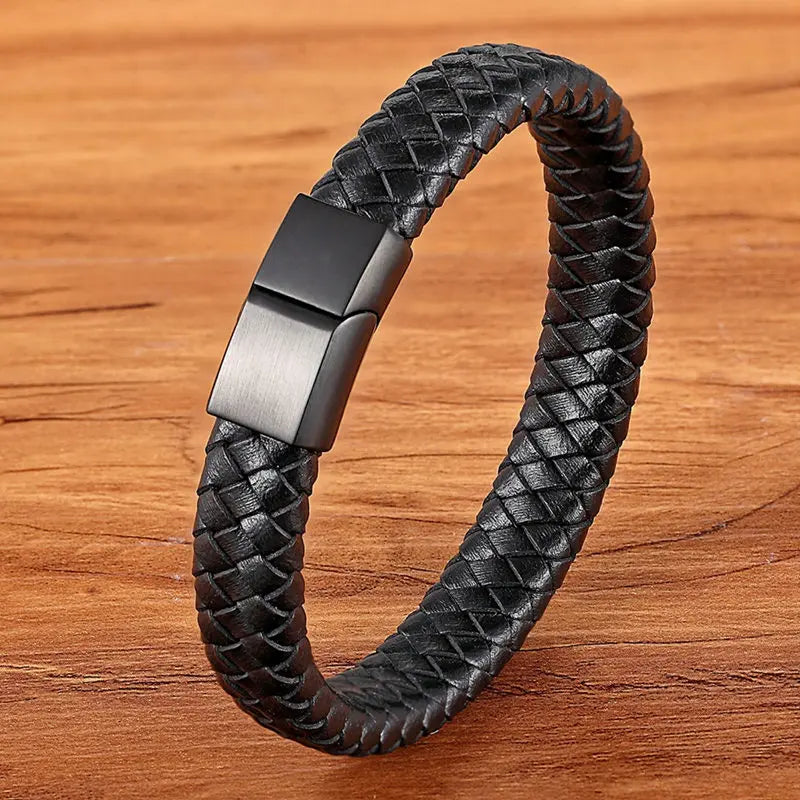 Stainless Steel Magnetic Black Leather Men's Bracelet