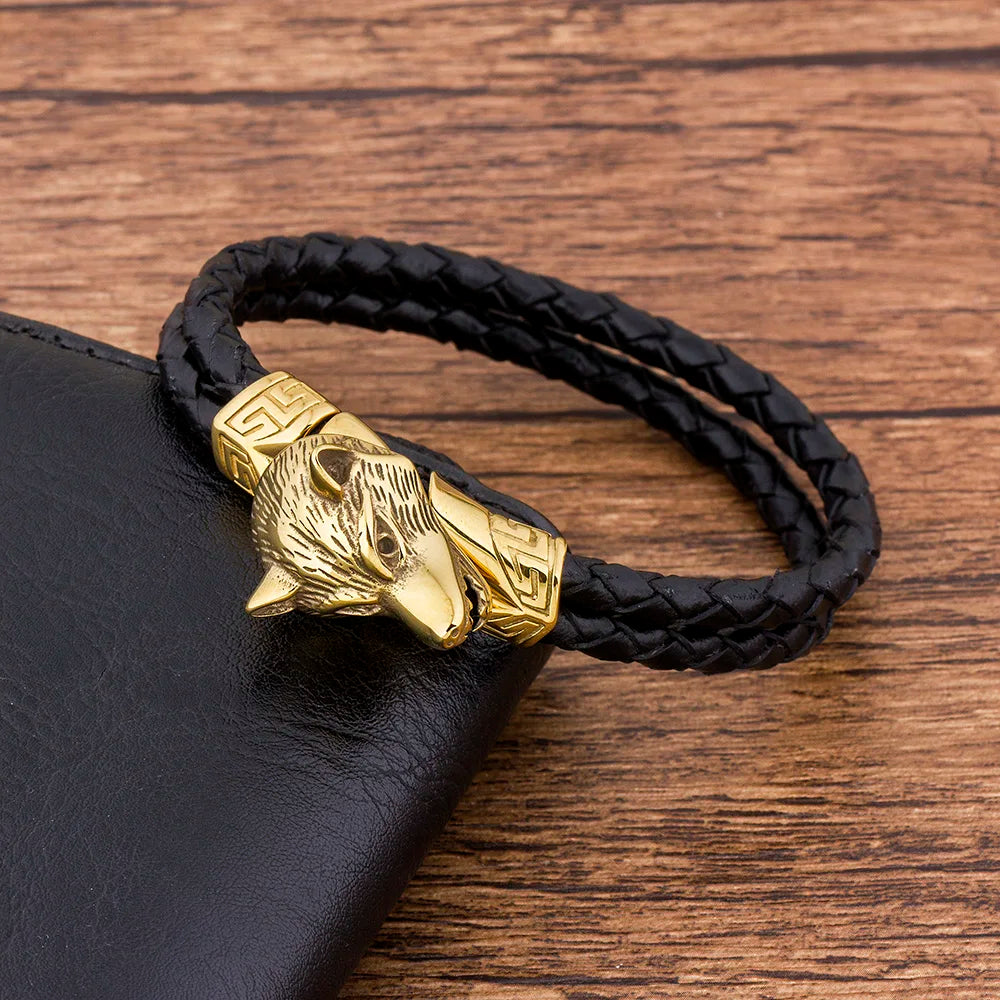 Braided Rope Wolf Charm Men's Bracelet