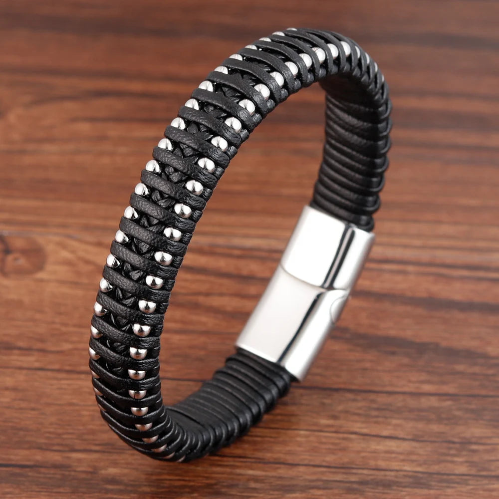 Punk Multi-Layer Stainless Steel Chain Leather Bracelet