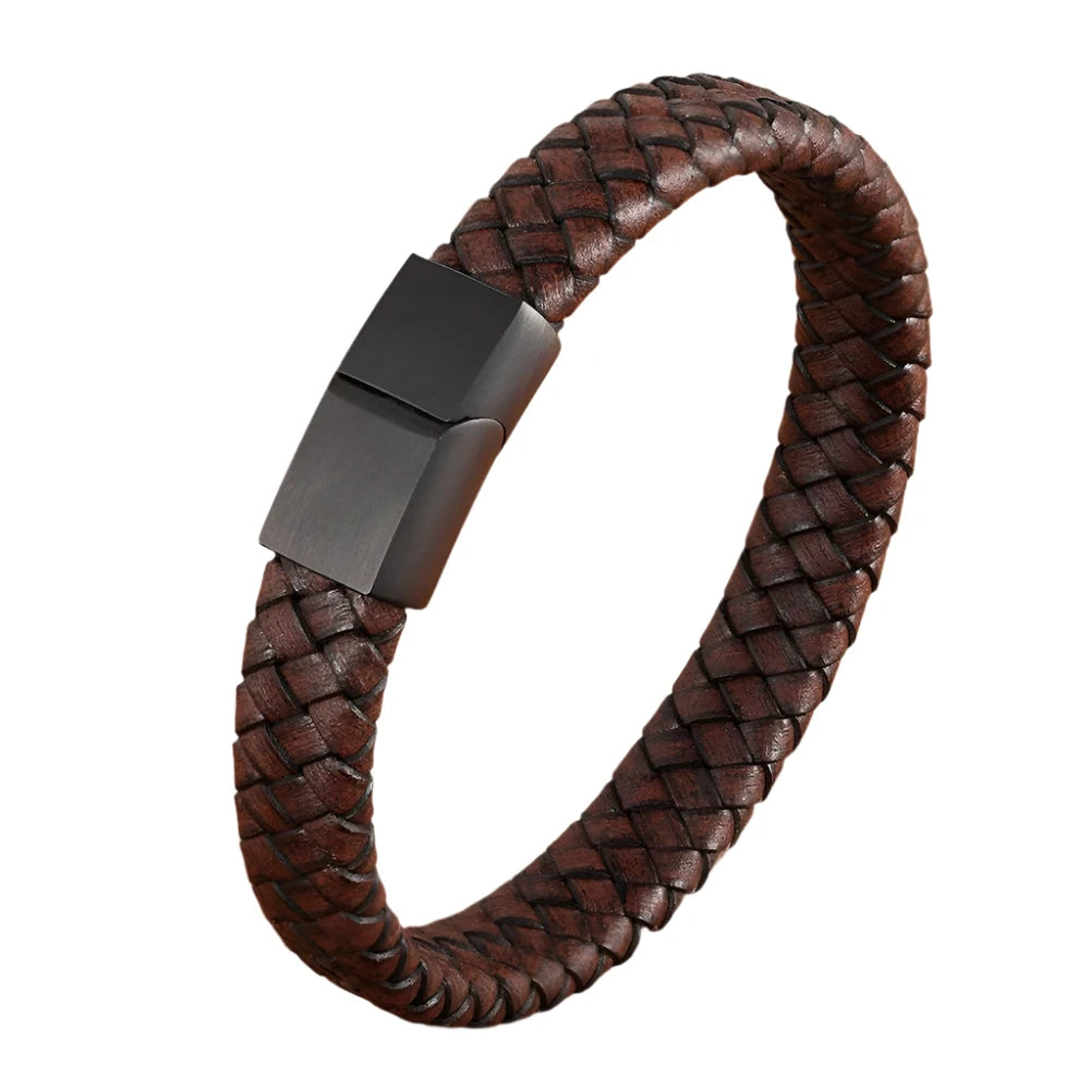 Brown Leather Stainless Steel Buckle Bracelet