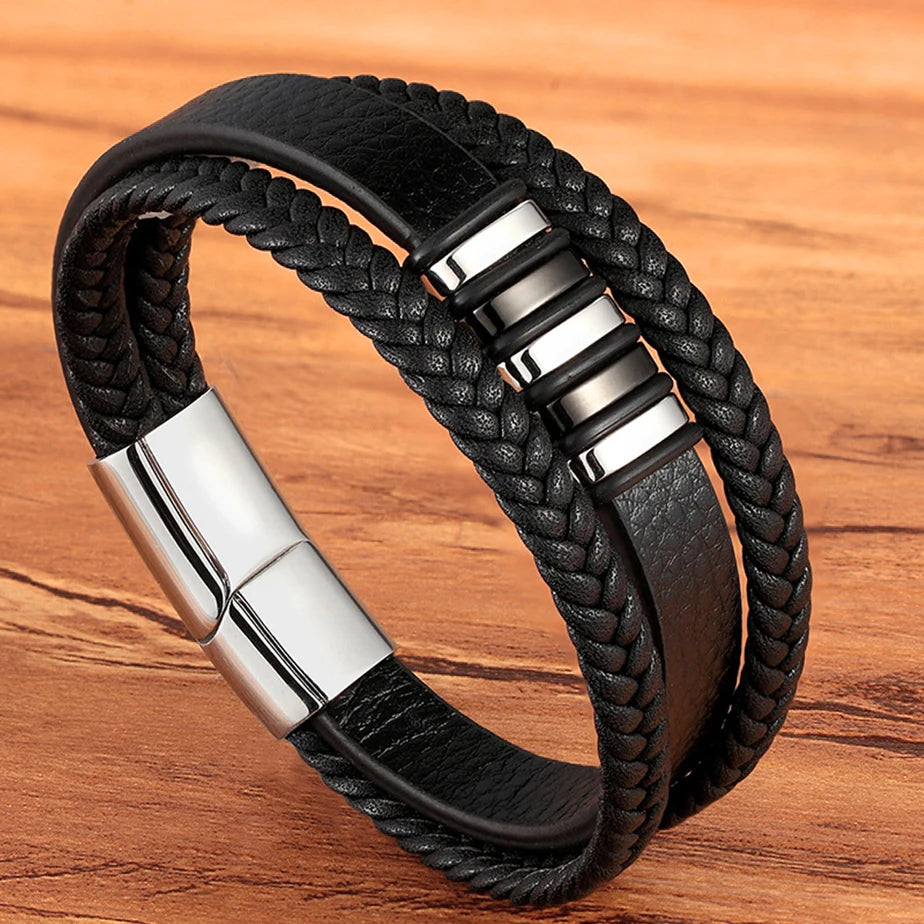 Stainless Steel Magnetic Black Leather Men's Bracelet