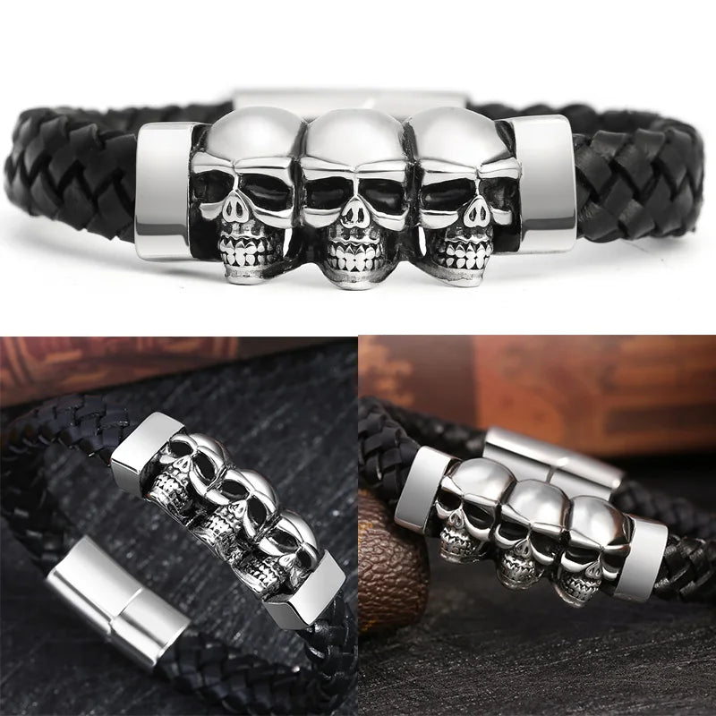 Hyperbole Black Braided Leather Skull Bracelet