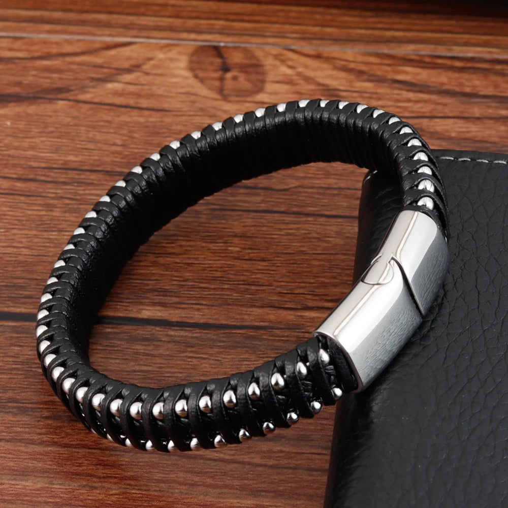 Punk Multi-Layer Stainless Steel Chain Leather Bracelet