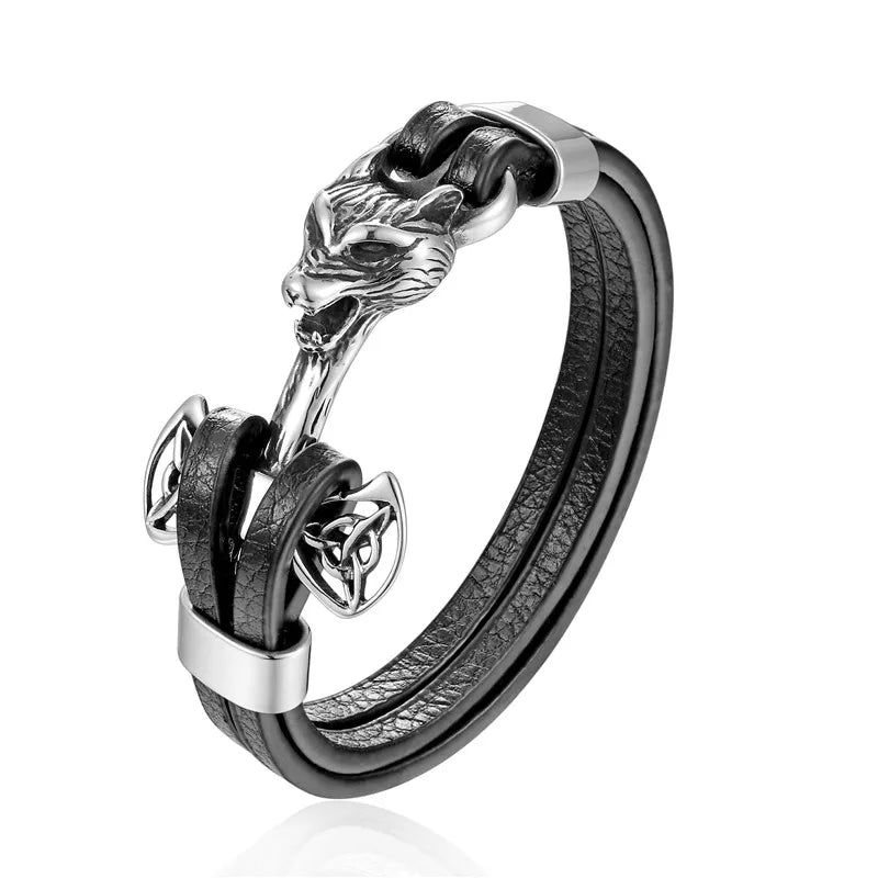 Fashion Double Wolf Shackles Leather Bracelet