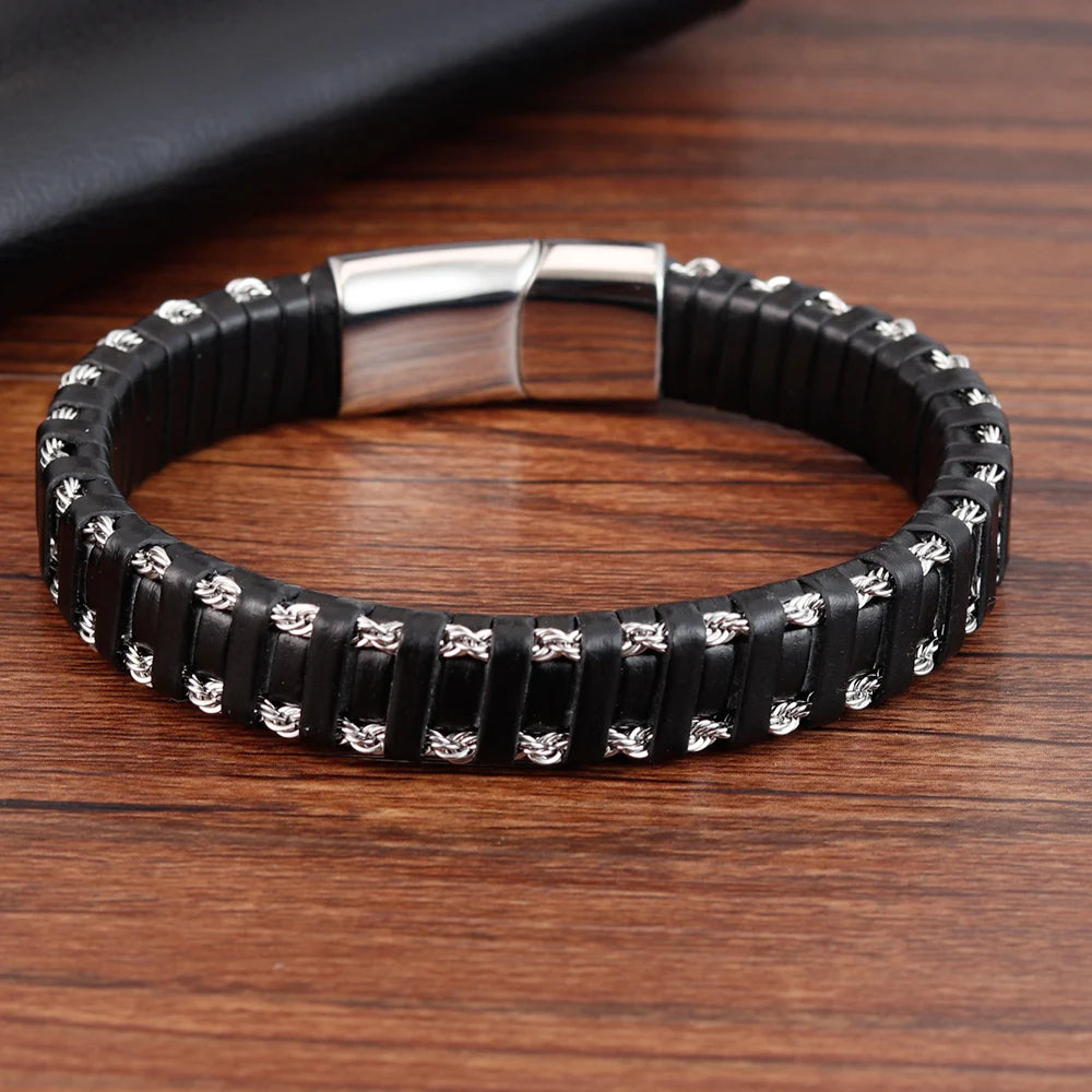 Punk Multi-Layer Stainless Steel Chain Leather Bracelet