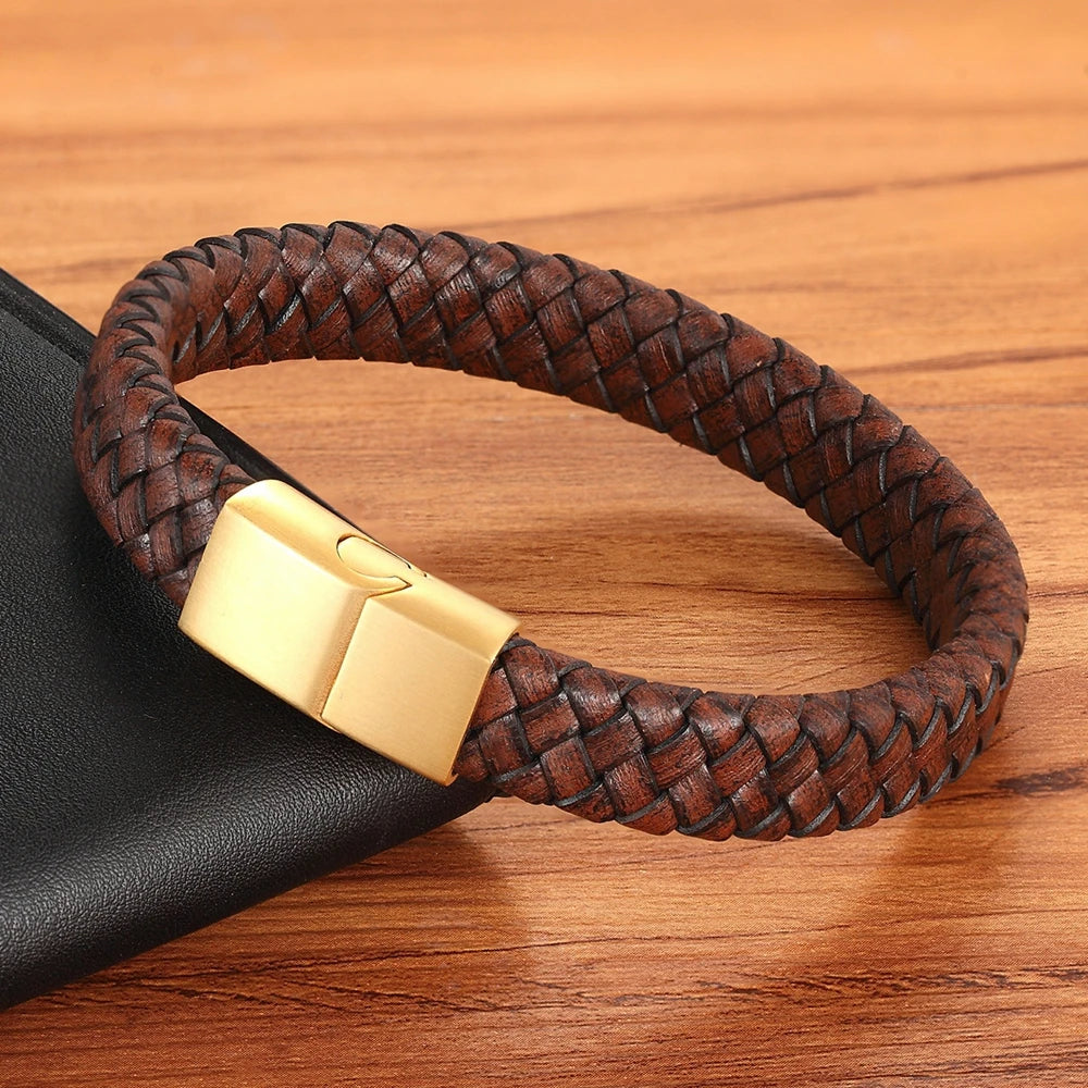 Brown Leather Stainless Steel Buckle Bracelet