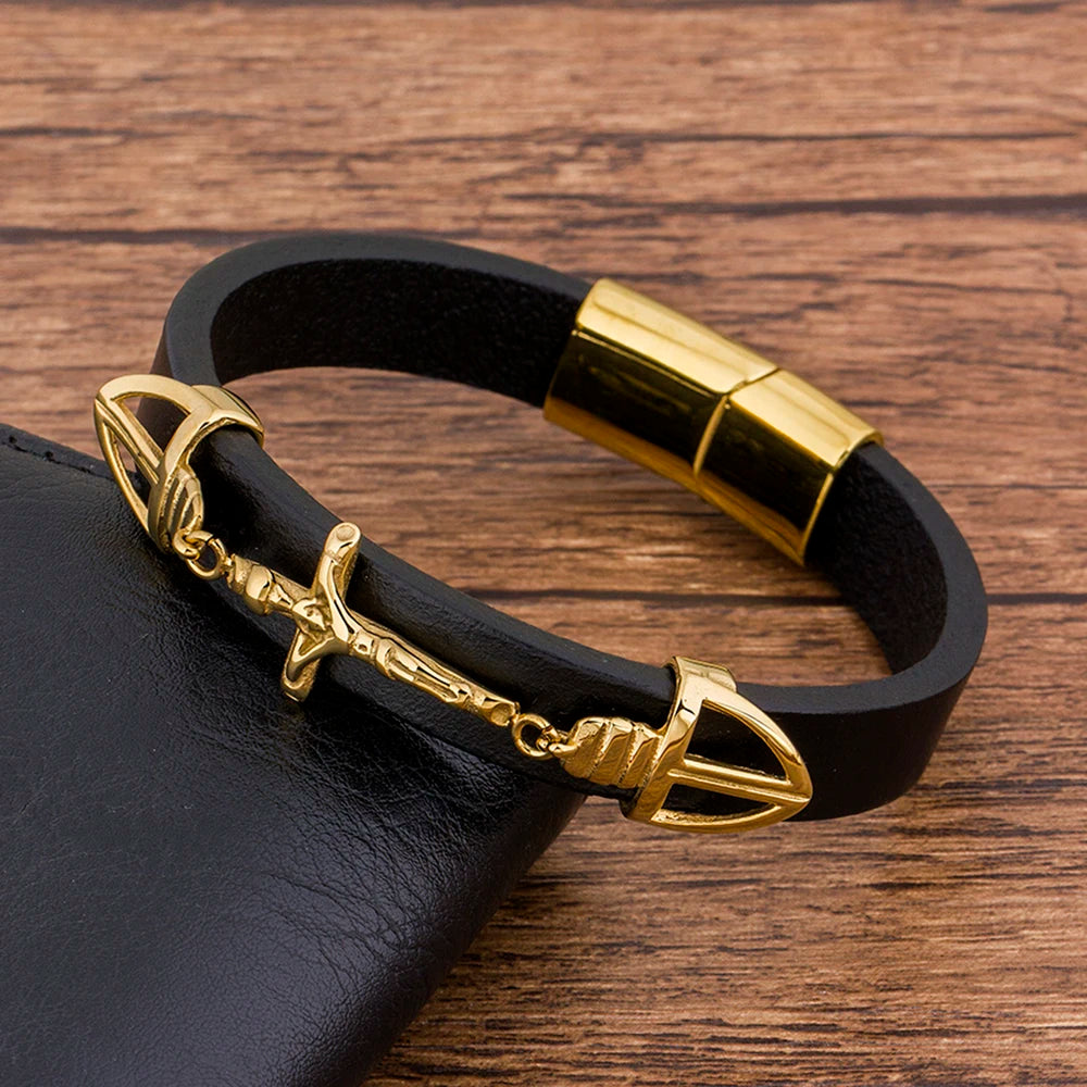 Braided Black Leather Magnetic Buckle Bracelet