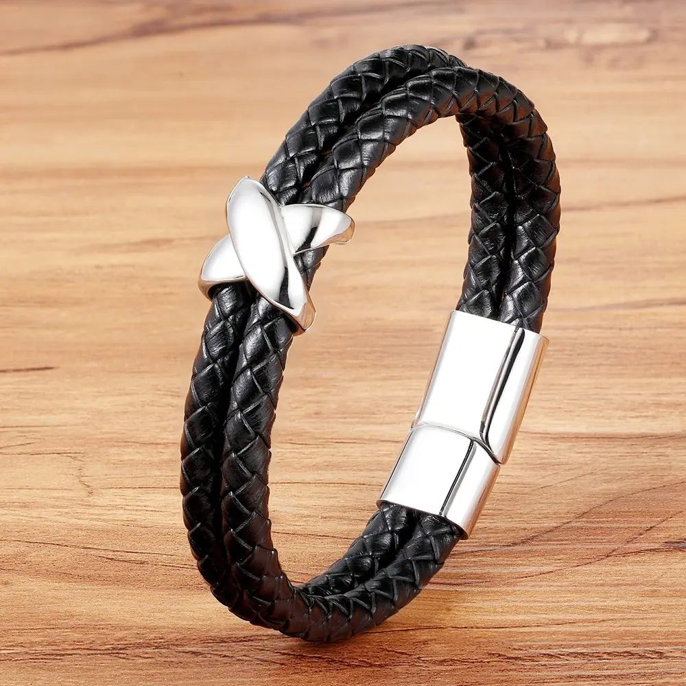 Genuine Leather Black Magnetic Buckle Men’s Bracelet