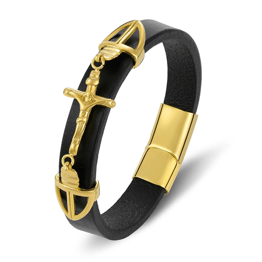 Braided Black Leather Magnetic Buckle Bracelet