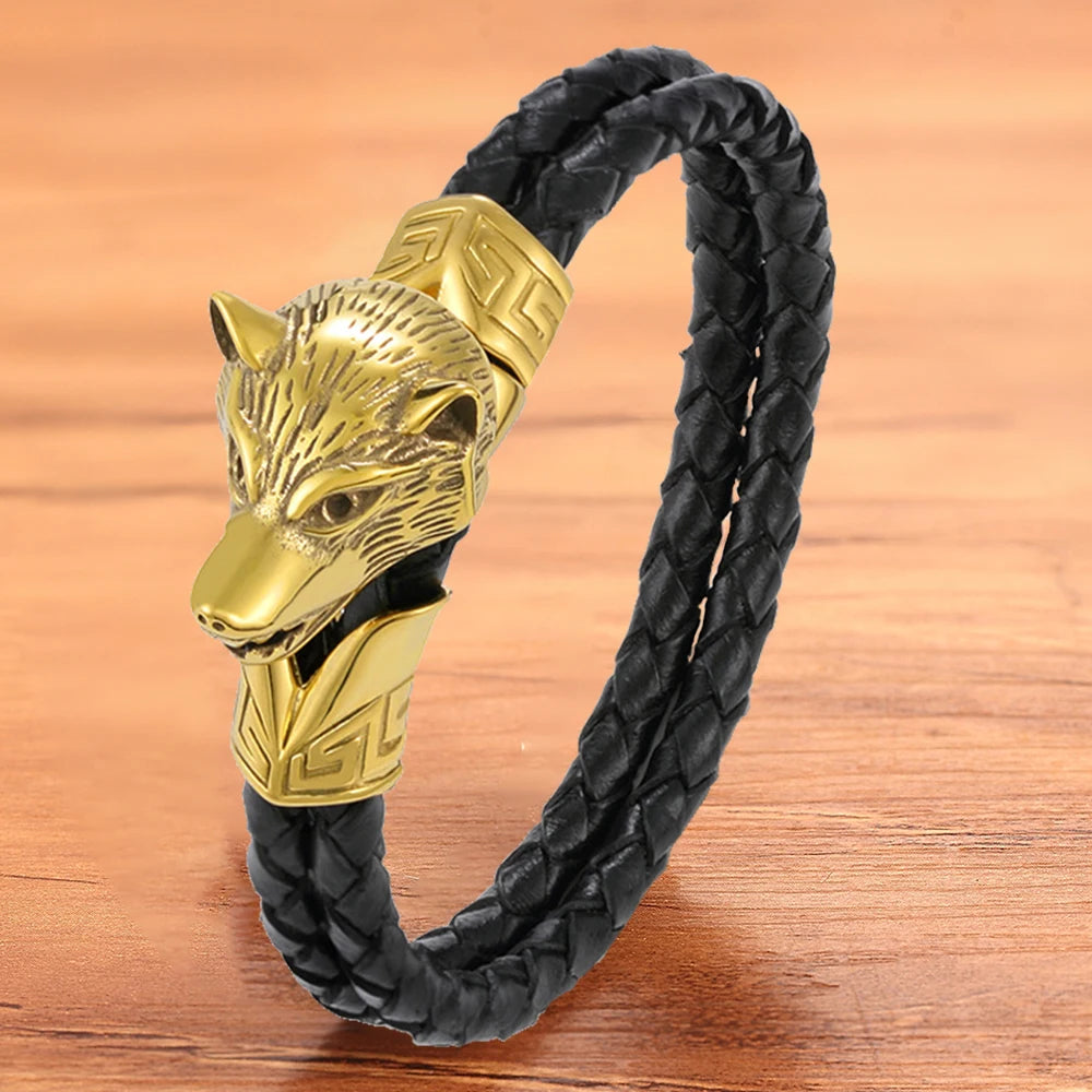 Braided Rope Wolf Charm Men's Bracelet