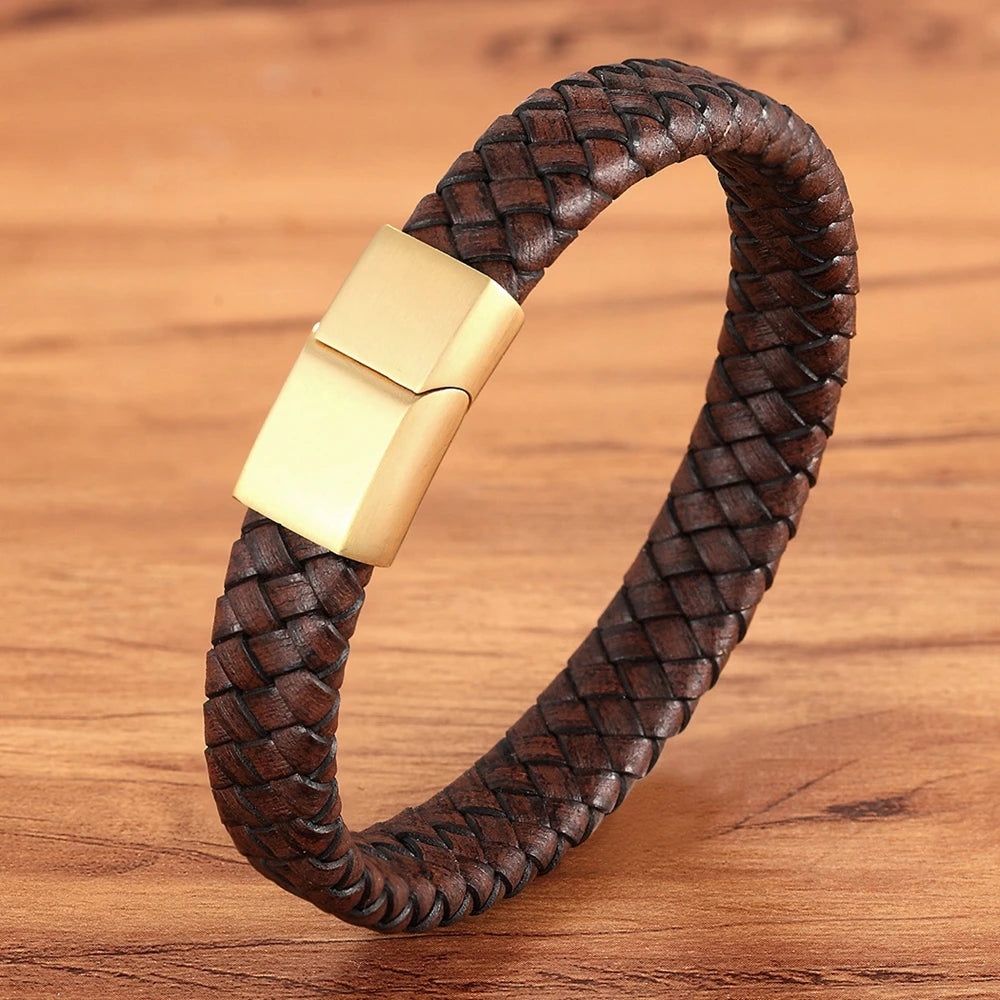 Brown Leather Stainless Steel Buckle Bracelet