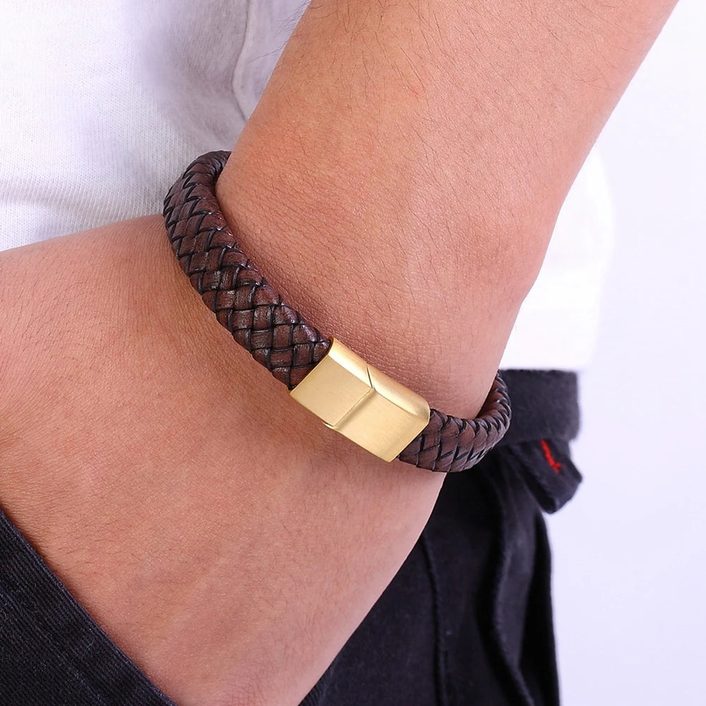 Brown Leather Stainless Steel Buckle Bracelet