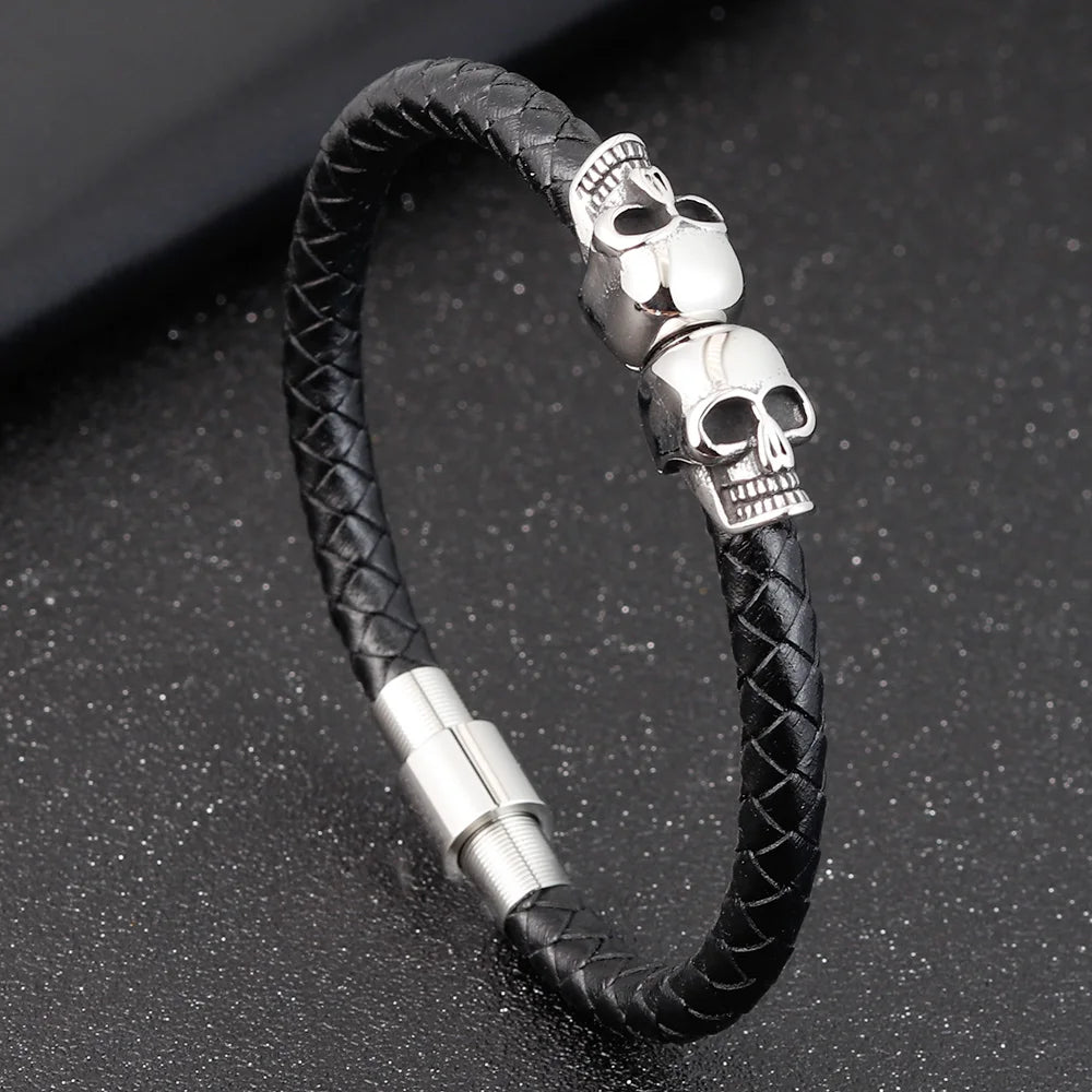 Hyperbole Black Braided Leather Skull Bracelet